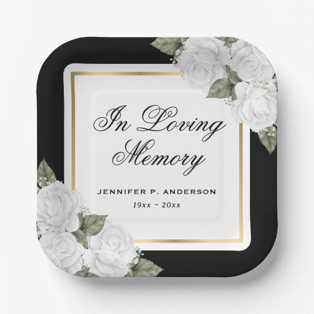 Floral White Black Gold In Loving Memory Paper Plate (Front)