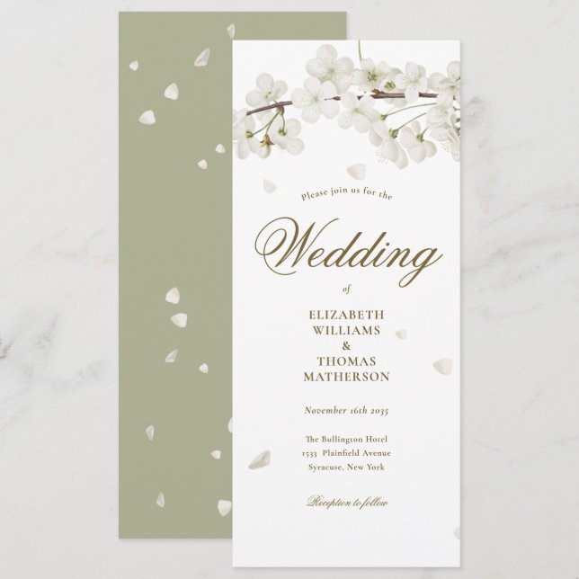 Floral White Blossom Gold Script Wedding Invitation (Front/Back)
