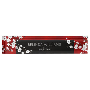 Floral White Cherry Blossom Red Black Salon Nameplate