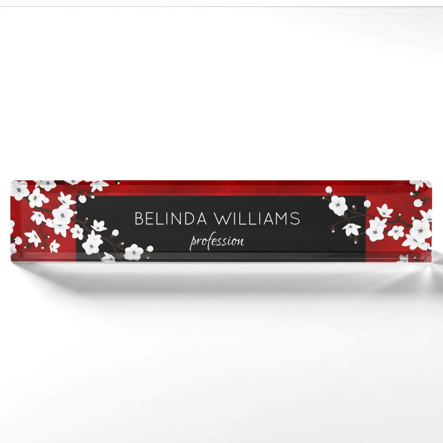 Floral White Cherry Blossom Red Black Salon Nameplate (Front)