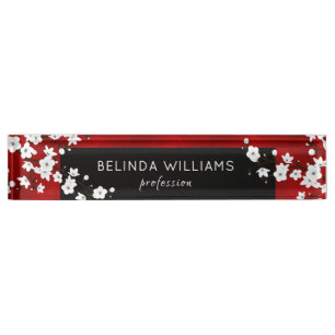 Floral White Cherry Blossom Red Black Salon Nameplate