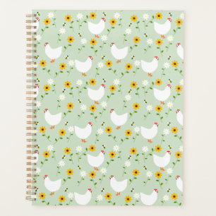 Floral White Chickens on Green Planner