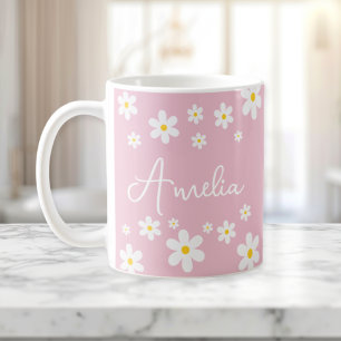 Floral White Daisy Pink Personalised Mug