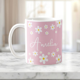 Floral White Daisy Pink Personalized Mug