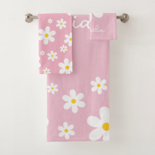 Floral White Daisy Pink Towel Set