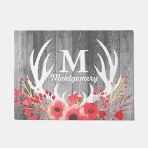 Floral White Deer Antlers & Grey Wood Planks Doormat