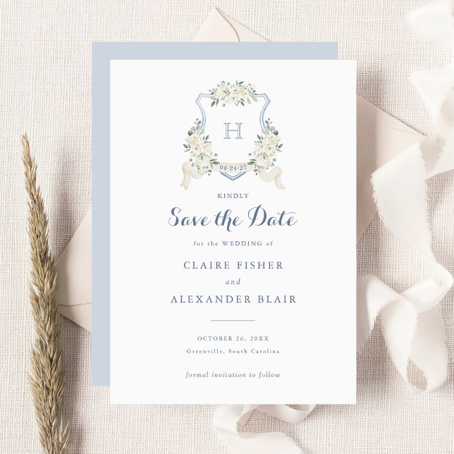 Floral White Dusty Blue Crest Save the Date Invitation (Creator Uploaded)