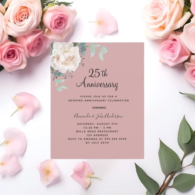 Floral white dusty rose 25th wedding invitation (Creator Uploaded)