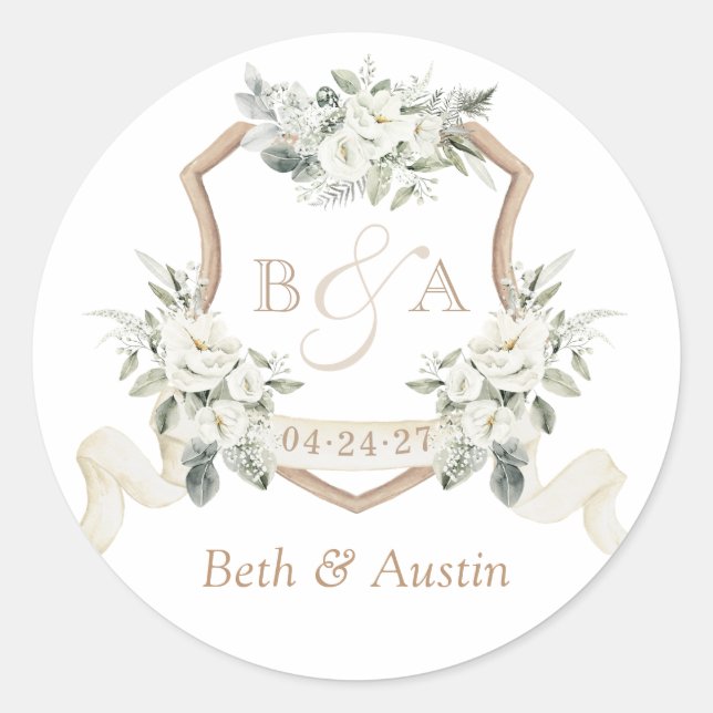 Floral White Elegant Greenery Crest Envelope Classic Round Sticker (Front)