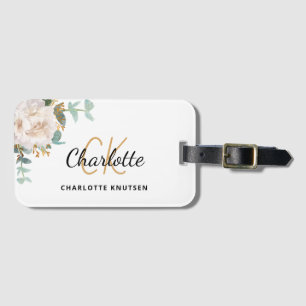 Floral white eucalyptus monogram name luggage tag