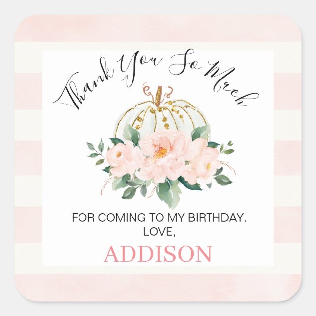 Floral White Gold Pumpkin Birthday Favour Sticker (Front)