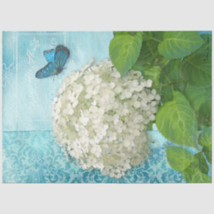 Floral White Hydrangea Blue Butterfly Vintage Art Tissue Paper