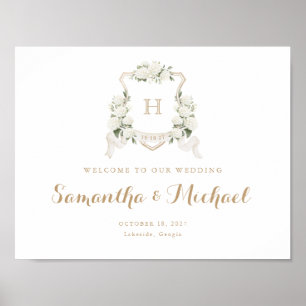Floral White Hydrangea Crest Monogram Welcome Sign