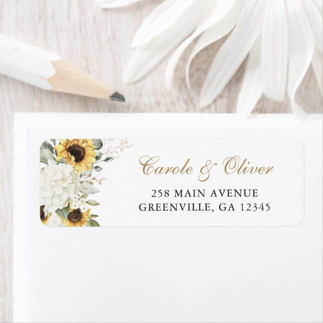 Floral White Hydrangea Sunflowers Return Address (Insitu)