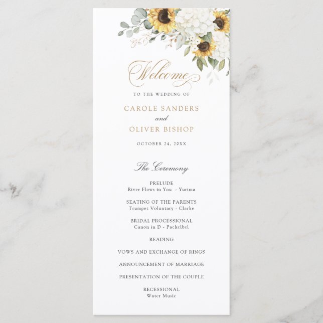 Floral White Hydrangea Sunflowers Wedding Program (Front)