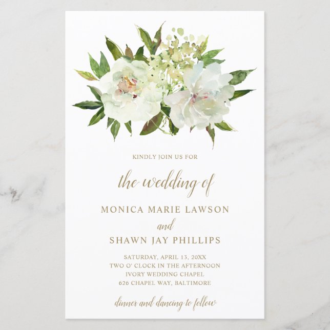 Floral White Ivory Gold Budget Wedding Invitation (Front)