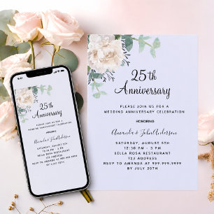 Floral white lavender 25th wedding anniversary invitation