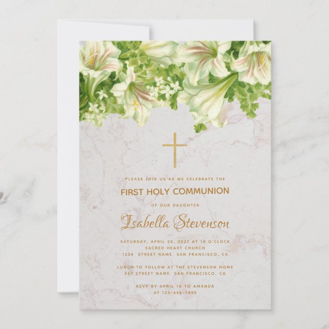 Floral White Lilies Marble First Holy Communion Invitation (Front)