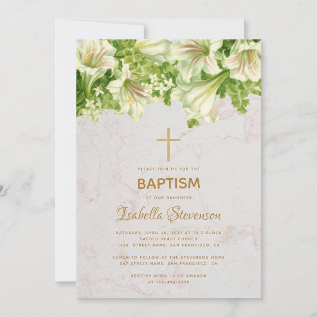 Floral White Lilies Marble Gold Cross Baptism Invitation (Front)