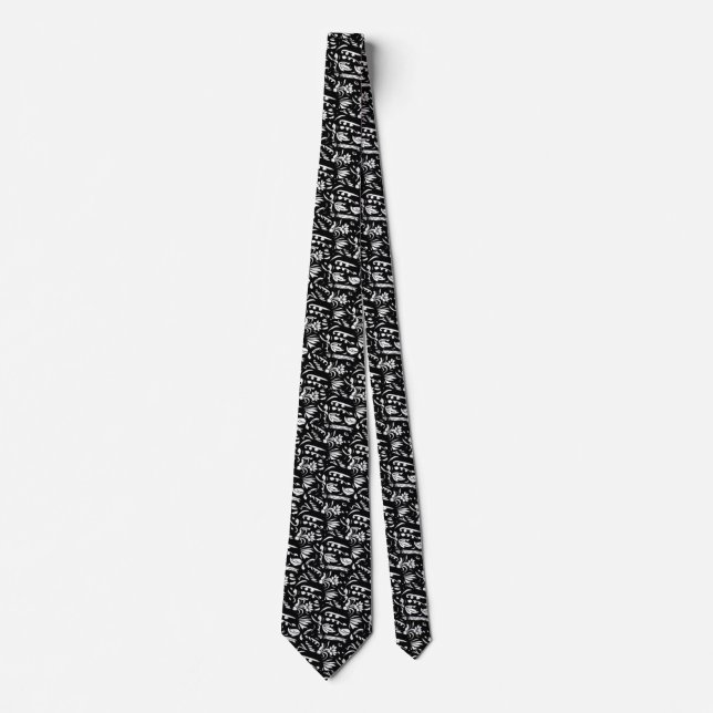 floral white on black backgrou texture art pattern tie (Front)