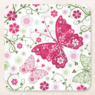 Floral White Pattern Square Paper Coaster