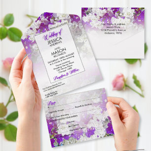 Floral White Purple All in One Wedding Invite