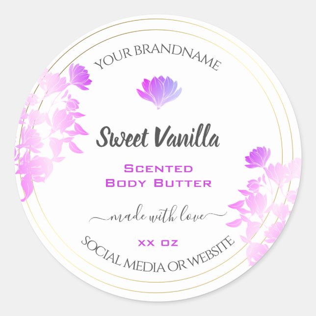 Floral White Purple Gold Product Packaging Labels (Front)