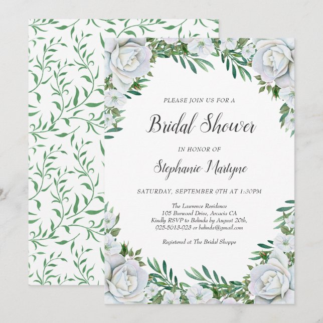 Floral White Roses Greenery Foliage Bridal Shower Invitation (Front/Back)