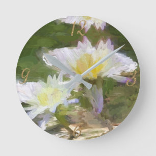 Floral White Water Lilies Acrylic Wall Clock