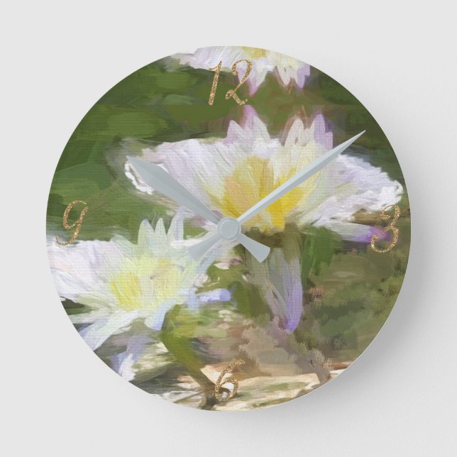 Floral White Water Lilies Acrylic Wall Clock (Front)