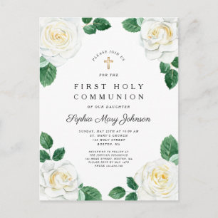 Floral White Watercolor Roses Girl First Communion Invitation Postcard