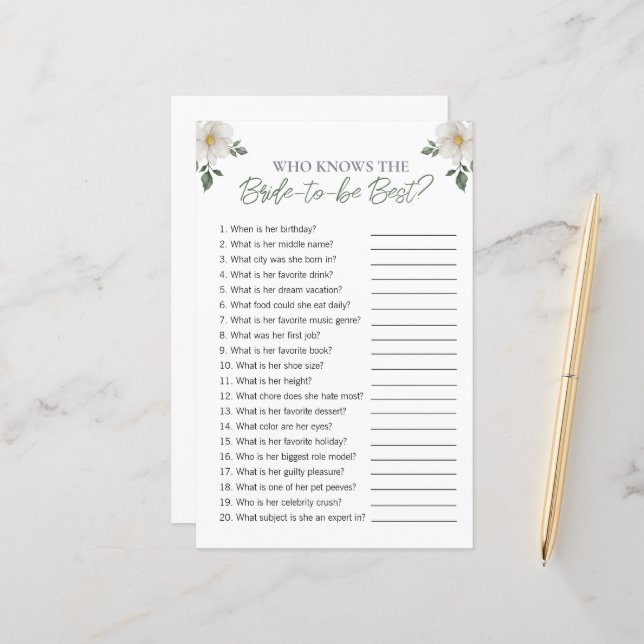 Floral "Who Knows The Bride" Bridal Shower Game (Front/Back In Situ)