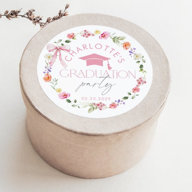 Floral Widflower Pink Bow Graduation party Classic Round Sticker (Creator Uploaded)