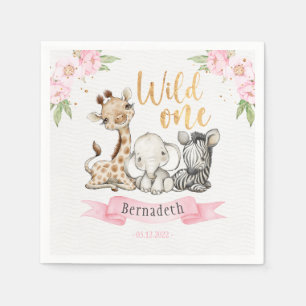 Floral Wild One Baby Animals 1st Birthday Party Napkin