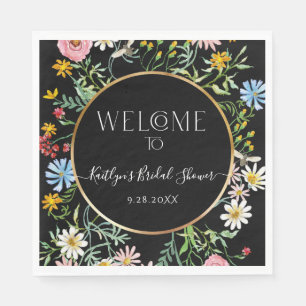 Floral Wildflower Black Boho Welcome Bridal Shower Napkin