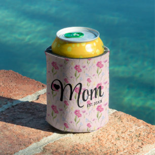 Floral Wildflower Blush Pink Script Mom Estd Can Cooler