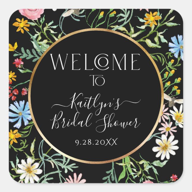 Floral Wildflower Boho Welcome Black Bridal Shower Square Sticker (Front)
