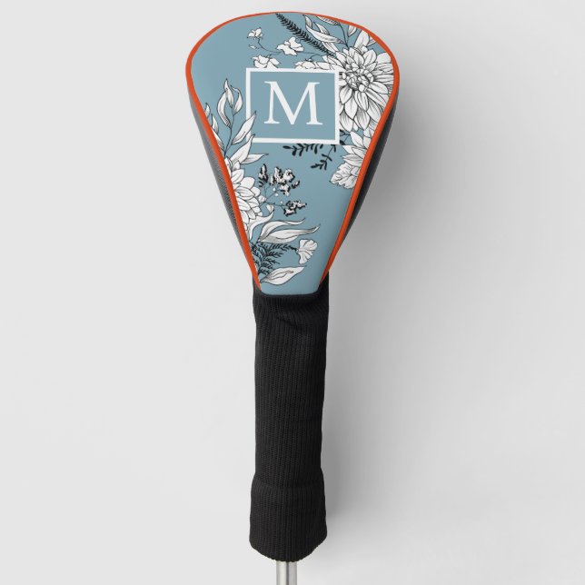 Floral Wildflower Botanical Monogram Blue White Golf Head Cover (Front)