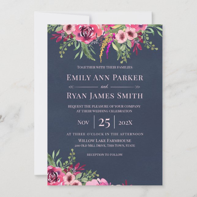 Floral Wildflower Bouquet Navy Blue Invitation (Front)