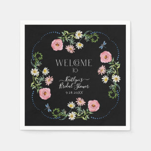 Floral Wildflower Daisy Black Boho Bridal Shower Napkin