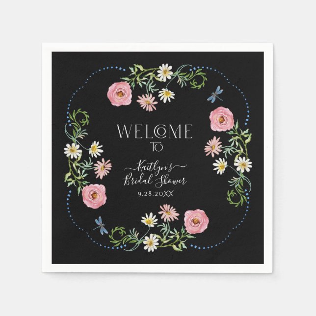 Floral Wildflower Daisy Black Boho Bridal Shower Napkin (Front)