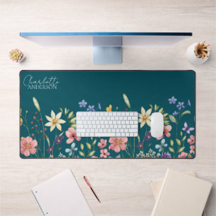 Floral Wildflower Name Monogram Deep Teal Desk Mat