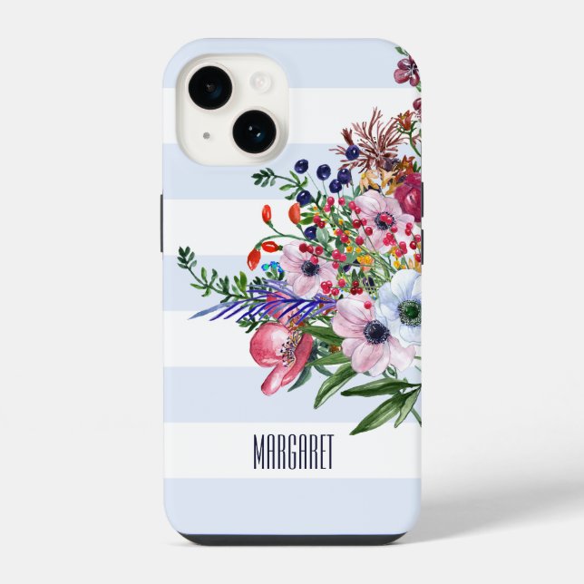 Floral Wildflowers Bouquet Light Blue Stripes iPho iPhone Case (Back)