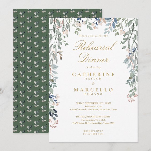 Floral Wildflowers Gold Rehearsal Dinner Invitation (Front/Back)