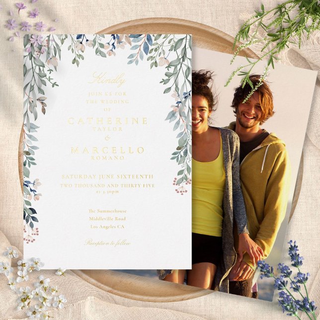 Floral Wildflowers Photo Wedding Chic Gold (Floral Wildflowers Photo Wedding Chic Gold Foil Invitation)