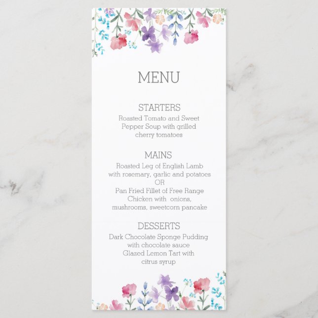 Floral Wildflowers Rustic Wedding Dinner Menu (Front)