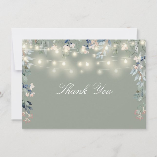 Floral Wildflowers Sage Green String Lights Script Thank You Card (Front)