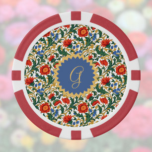 Floral Willam Morris Style Blue Red Gold Vintage Poker Chips