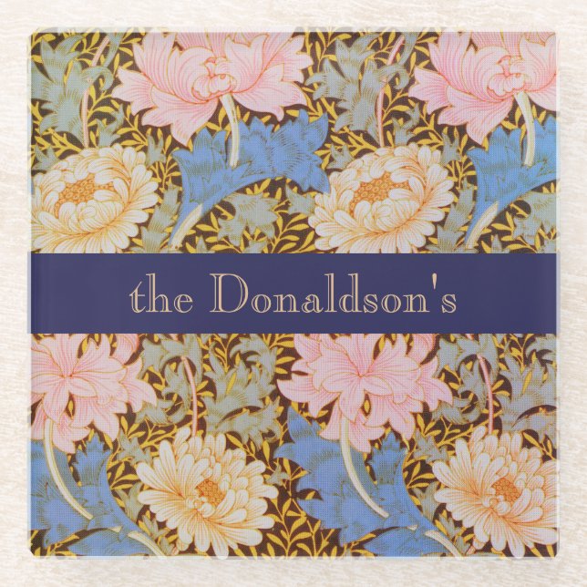Floral William Morris Design Add a Name Glass Coaster (Front)