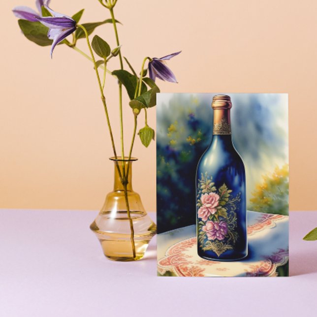 Floral Wine Bottle Still Life Digital Art Card (Creator Uploaded)